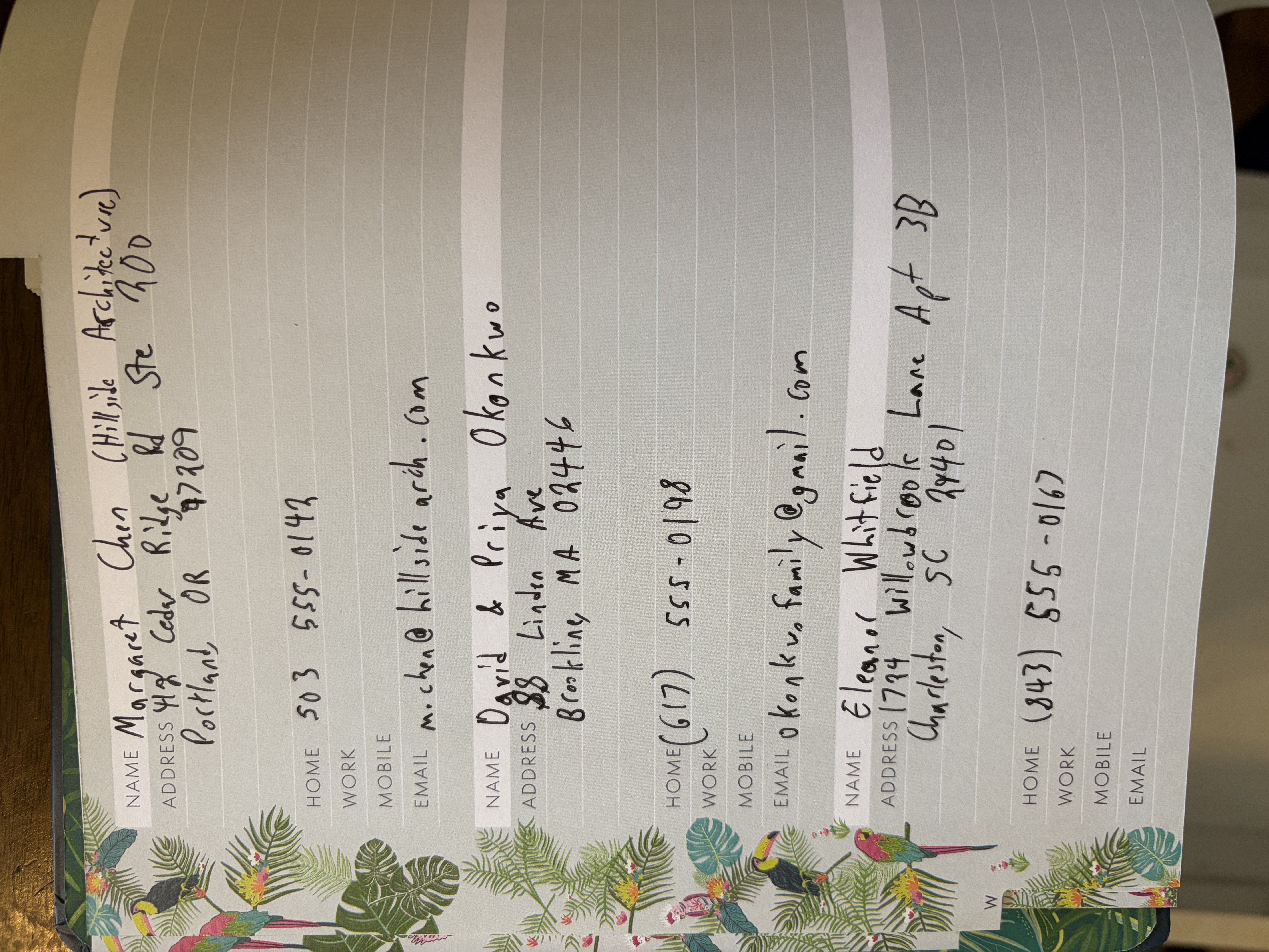 A page from a handwritten address book with several entries