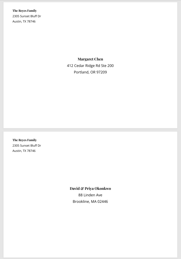 Generated PDF of printed mailing envelopes with addresses